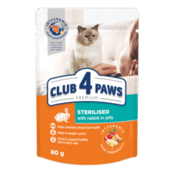 CLUB 4 PAWS Premium „Sterilised” pełnoporcjowa mokra karma dla sterylizowanych kotów z królikiem w galarecie 80 g